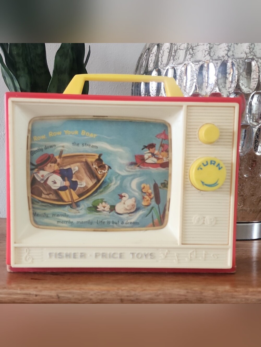 Fisher-Price Red and Yellow Retro Toy TV with Illustrated Screen